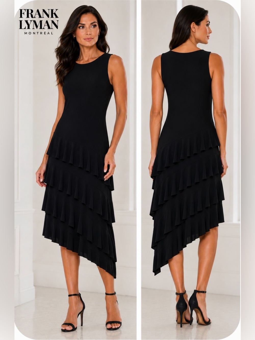 Frank Lyman Design Black Sleeveless Asymmetric Ruffle Midi Dress